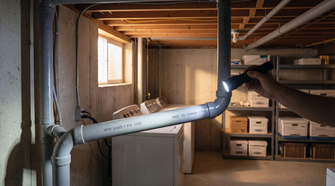 Homeowner Inspecting Grey Poly B Pipes In Basement With Flashlight