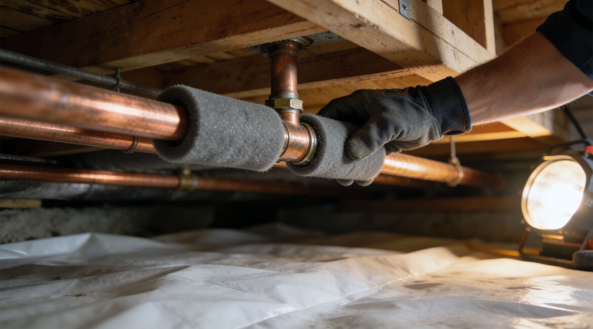 Crawl Space Pipe Insulation For Cold Snaps (Tips) Insulated Copper Pipes In A Residential Crawl Space With Foam Sleeves And Vapour Barrier