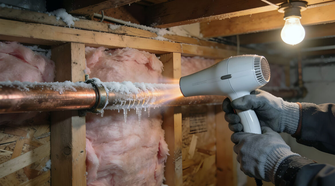 How To Safely Thaw Frozen Pipes (And When To Stop) Homeowner Using A Hair Dryer To Safely Thaw A Frozen Copper Pipe In A Residential Crawl Space
