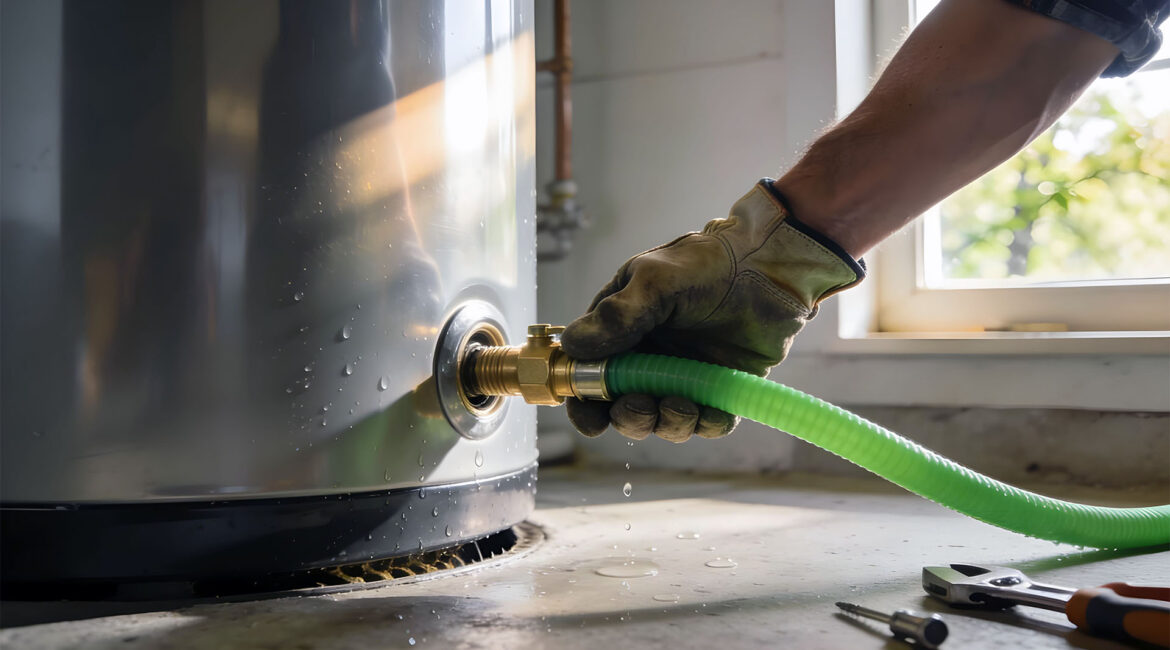 Why Flush Your Hot Water Tank Every Spring? Plumber Flushing A Residential Hot Water Tank In A South Surrey Home Utility Room
