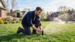 Homeowner Kneeling On A Surrey Lawn Inspecting An Active Pop-Up Sprinkler Head During Spring Irrigation System Startup