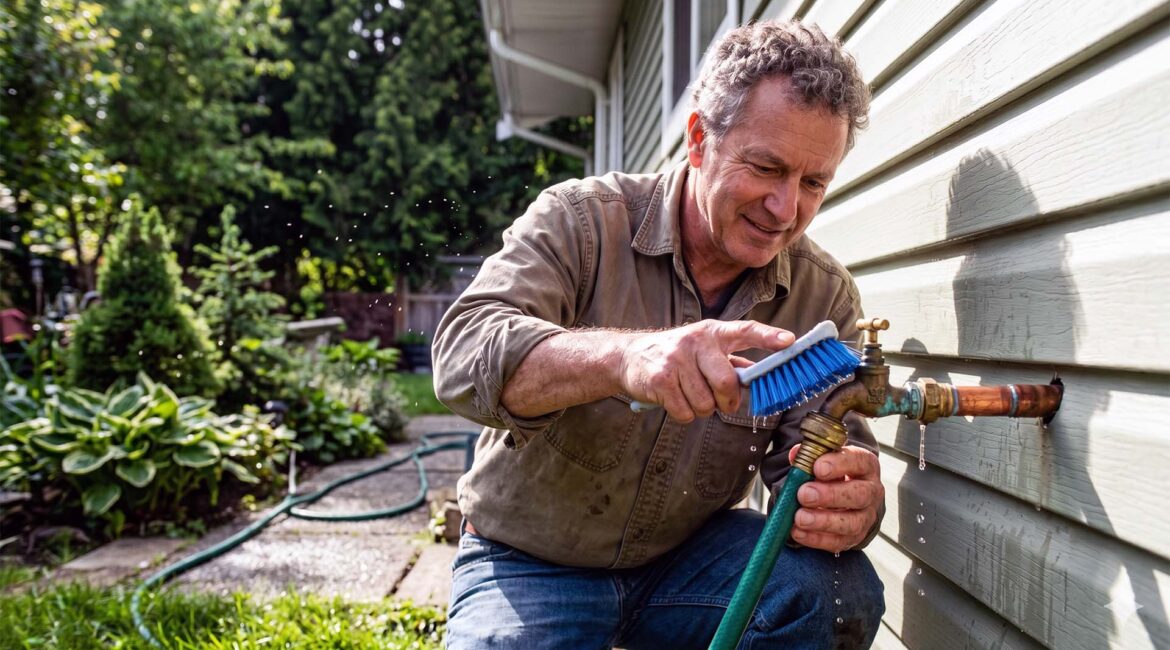 5 Diy May Plumbing Fixes To Avoid Repairs Homeowner Scrubbing An Outdoor Brass Hose Bib Connection On A Green-Sided South Surrey Home During Diy Spring Plumbing Maintenance