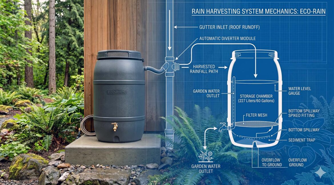 Photorealistic Rain Barrel Installation Fading Into An Architectural Blueprint Of Downspout Diverter Mechanics.