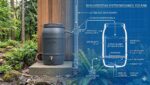 Photorealistic Rain Barrel Installation Fading Into An Architectural Blueprint Of Downspout Diverter Mechanics.
