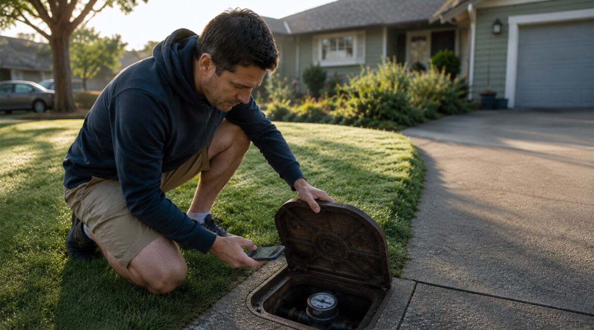 Hidden Water Leak? Your Meter Knows In 15 Min Homeowner Checking A Residential Water Meter For A Hidden Leak In South Surrey Bc