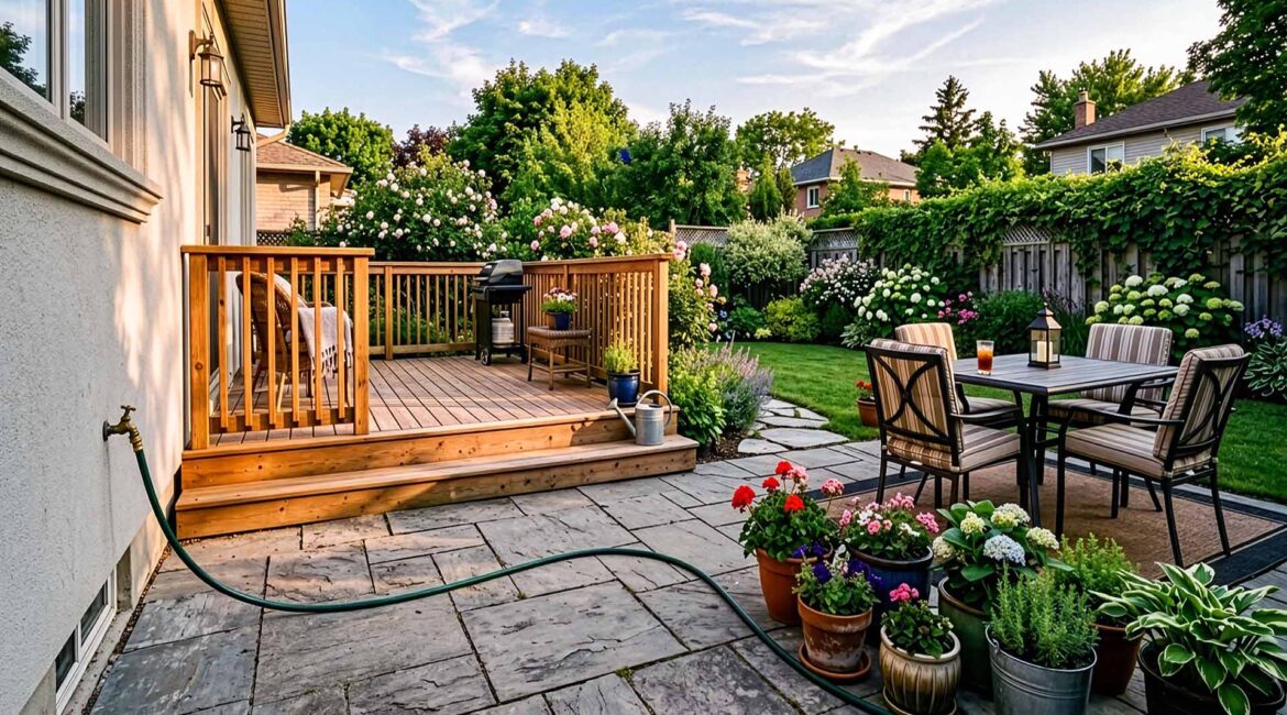 Prep Your Hoses And Taps For Patio Season Homeowner Inspecting An Outdoor Tap And Garden Hose Before Summer Patio Season