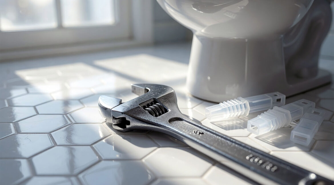 Stop That Wobbly Toilet For Good Homeowner Using A Wrench To Tighten A Closet Bolt And Fix A Wobbly Toilet