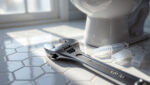 Homeowner Using A Wrench To Tighten A Closet Bolt And Fix A Wobbly Toilet