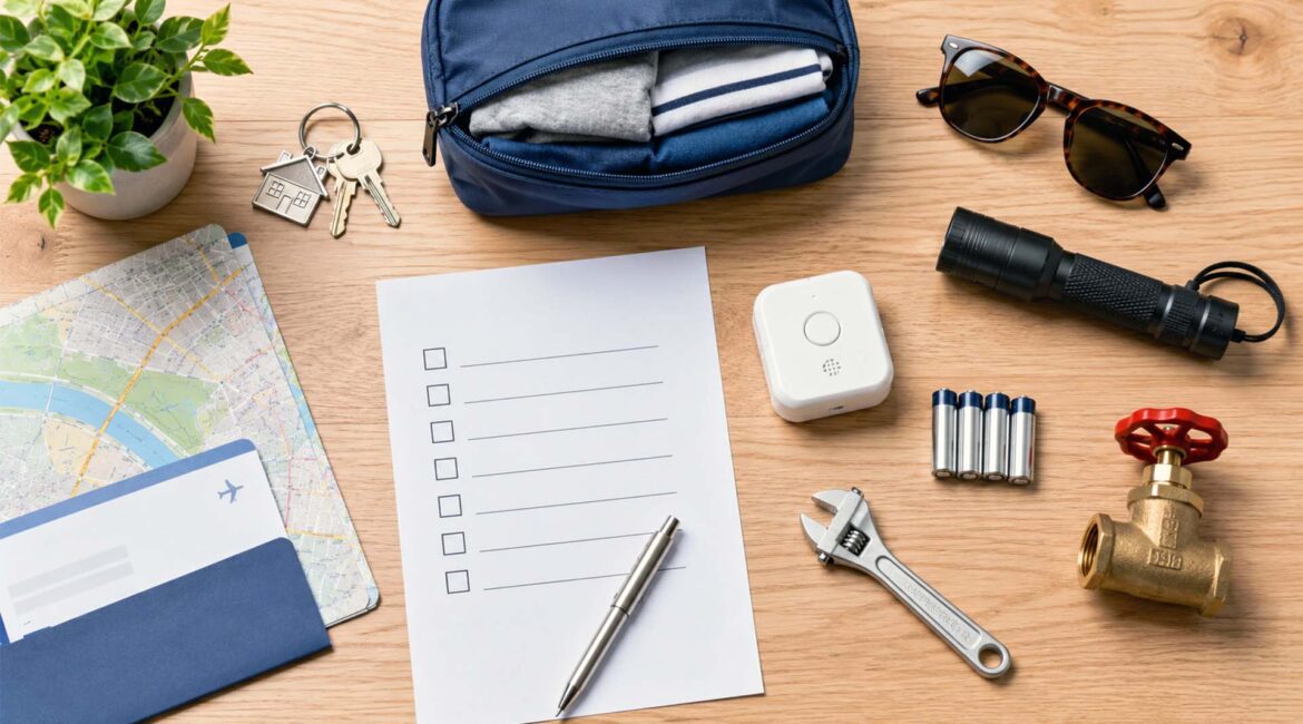 Vacation Plumbing Checklist: 7 Quick Steps Vacation Plumbing Checklist With Travel Items, Leak Sensor Batteries, Tools, And A Shut-Off Valve