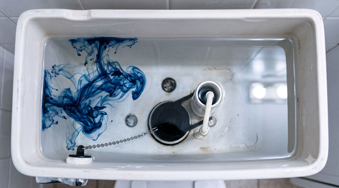 Running Toilet Fix: 30-Minute Repair Open Toilet Tank With Food Colouring Spreading Through The Water During A Running Toilet Dye Test