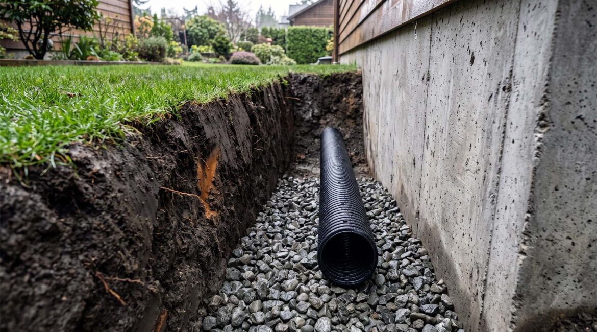 Weeping Tile Pipe In An Excavated Foundation Trench, Bedded In Drain Rock Beside A Footing