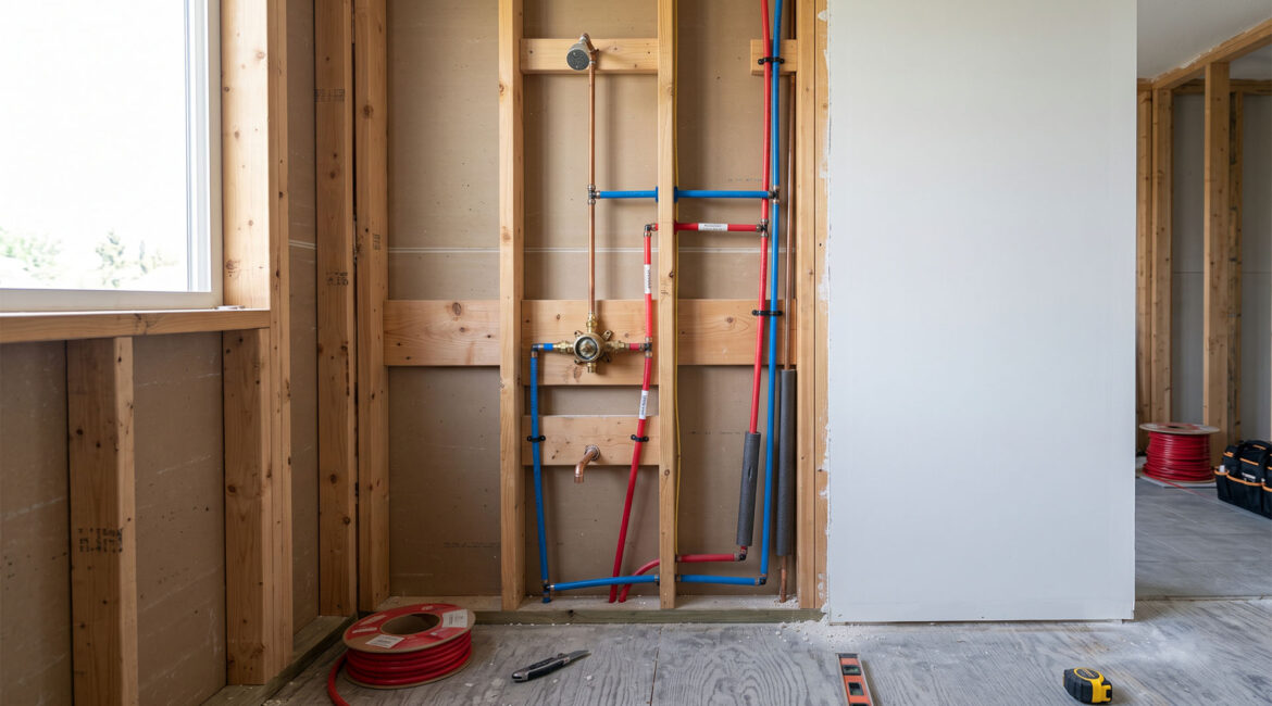 Bathroom Renovation Plumbing Rough-In, Open Wall With Supply Lines And Shower Valve