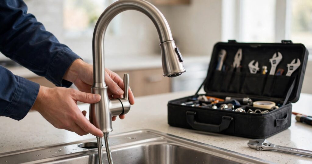 Faucet Installation &Amp; Repair Plumber&Amp;Apos;S Hands Lowering A New Brushed Nickel Gooseneck Kitchen Faucet Into Place Over A Stainless Steel Sink, Its Braided Supply Lines Hanging From The Base.