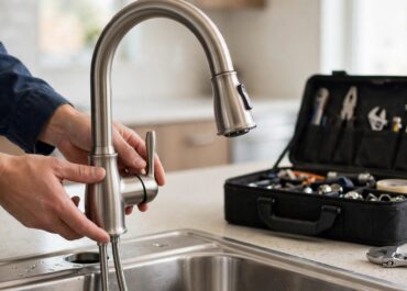 Faucet Installation &Amp; Repair Plumber'S Hands Lowering A New Brushed Nickel Gooseneck Kitchen Faucet Into Place Over A Stainless Steel Sink, Its Braided Supply Lines Hanging From The Base.