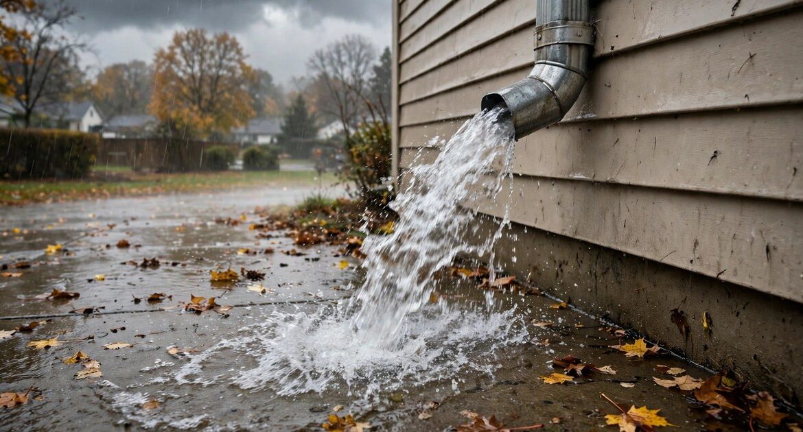 South Surrey Plumbing: Rainwater Pouring From A Downspout During An Atmospheric River Storm, South Surrey Bc