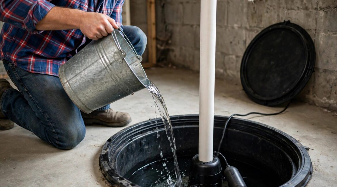 The 5-Minute Sump Pump Check Homeowner Kneeling At Their Basement Sump Pit, Pouring In A Bucket Of Water To Test The Sump Pump Themselves Before The Fall Rains.