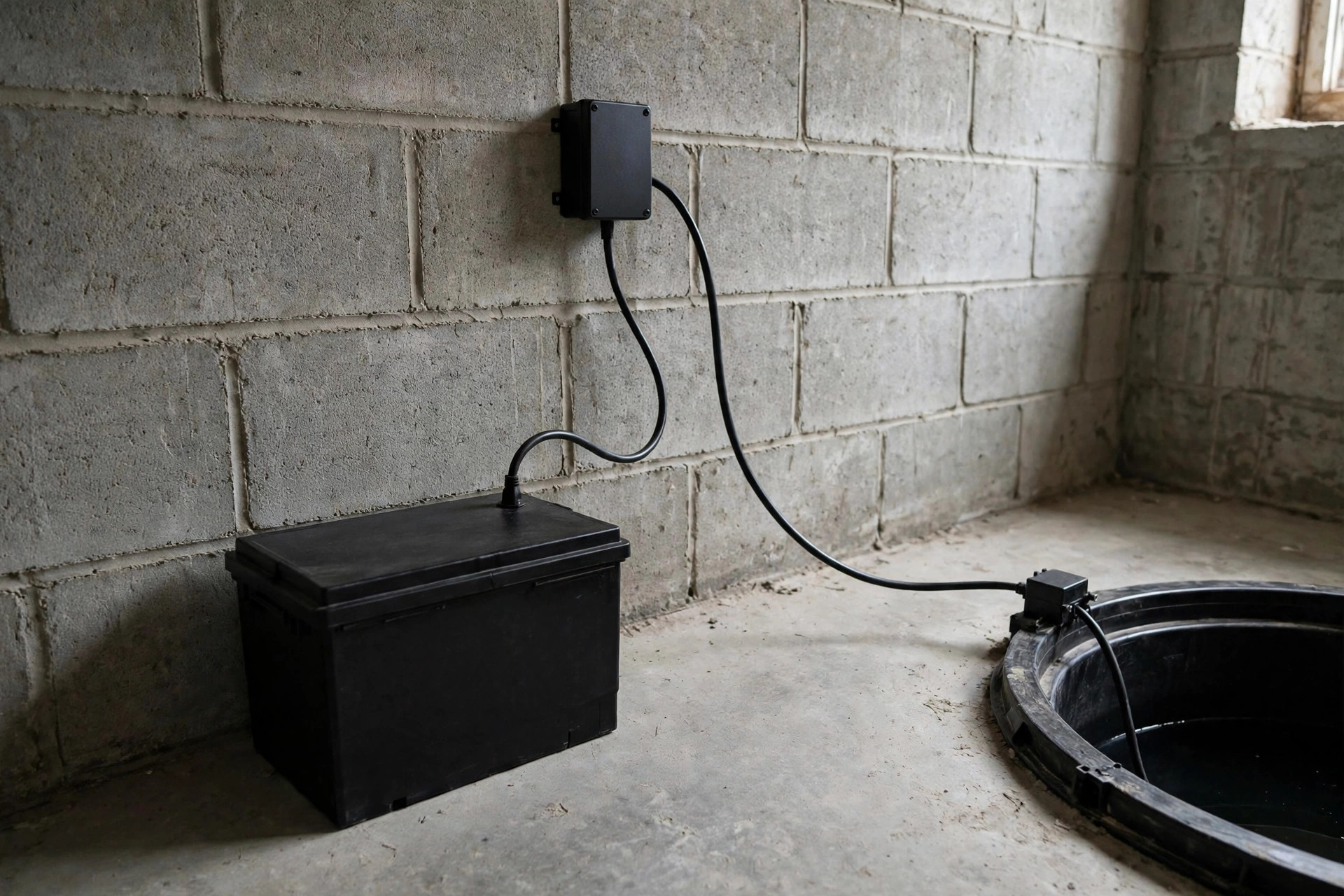 The 5-Minute Sump Pump Check A Battery Backup Box On A Basement Floor, Its Control Unit Mounted On The Wall Above And Cables Running To The Sump Pit.