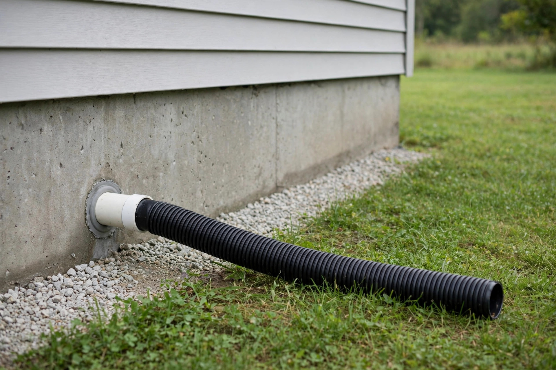 The 5-Minute Sump Pump Check A Sump Pump Discharge Pipe Exiting A Home'S Foundation Wall, Connected To A Corrugated Extension That Carries Water Away Across The Lawn.