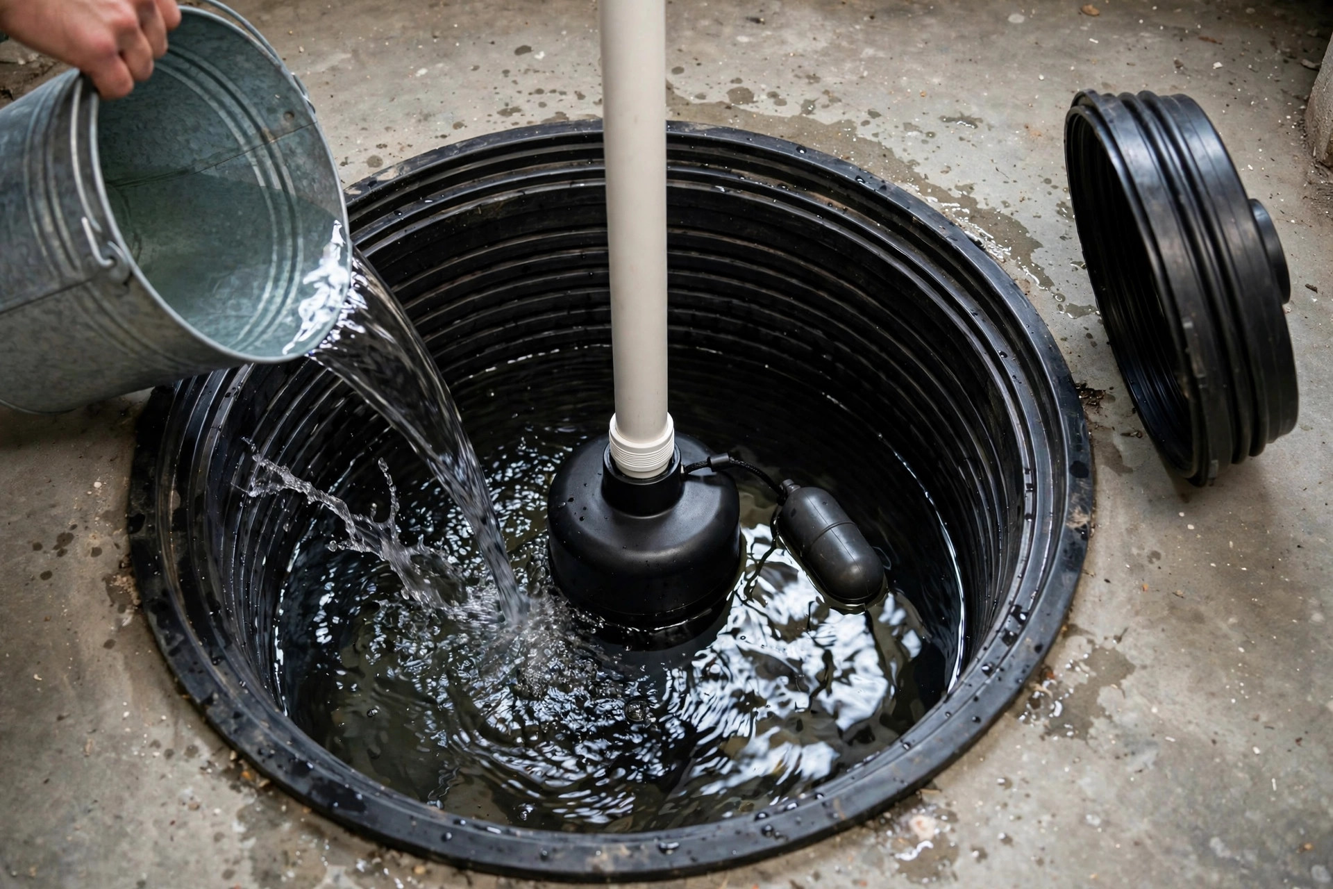 The 5-Minute Sump Pump Check Water Being Poured Into A Sump Pit During The Bucket Test, The Pump'S Discharge Pipe Connected At The Top And The Capsule Float Rising With The Water.