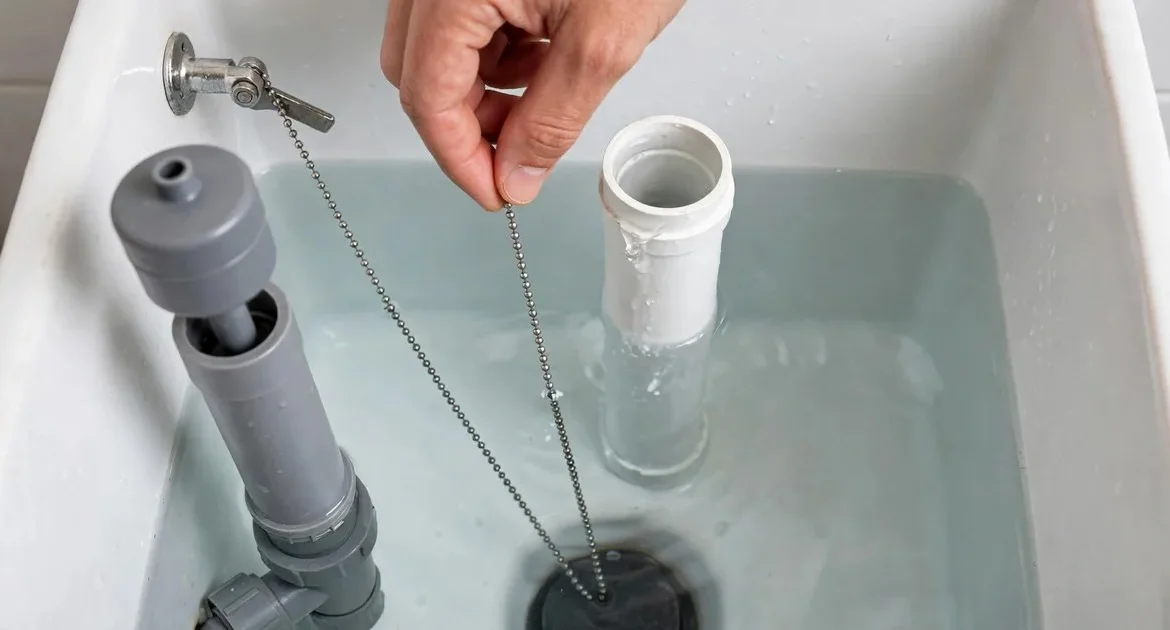 Running Toilet: Diy Fix Or Call A Plumber? Hand Holding The Flush Chain Inside A Toilet Tank, Checking The Seated Flapper Beside The Fill Valve And Overflow Tube.