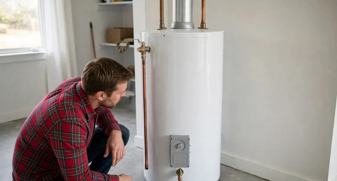 What That Water Heater Noise Means Homeowner Kneeling Beside A Tall Tank Water Heater In A Utility Room, Listening To The Tank.